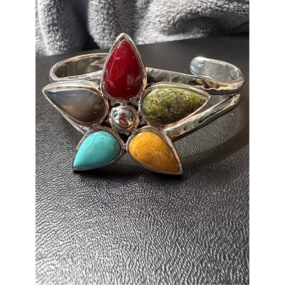 Barse Vintage Sterling Silver Multi Gemstone Flower Cuff 925 - Picture 3 of 16